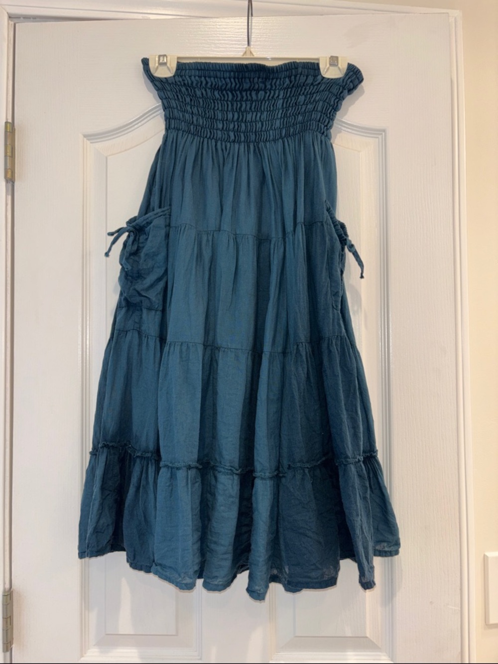 Smocked Waist Midi Skirt in Teal Blue